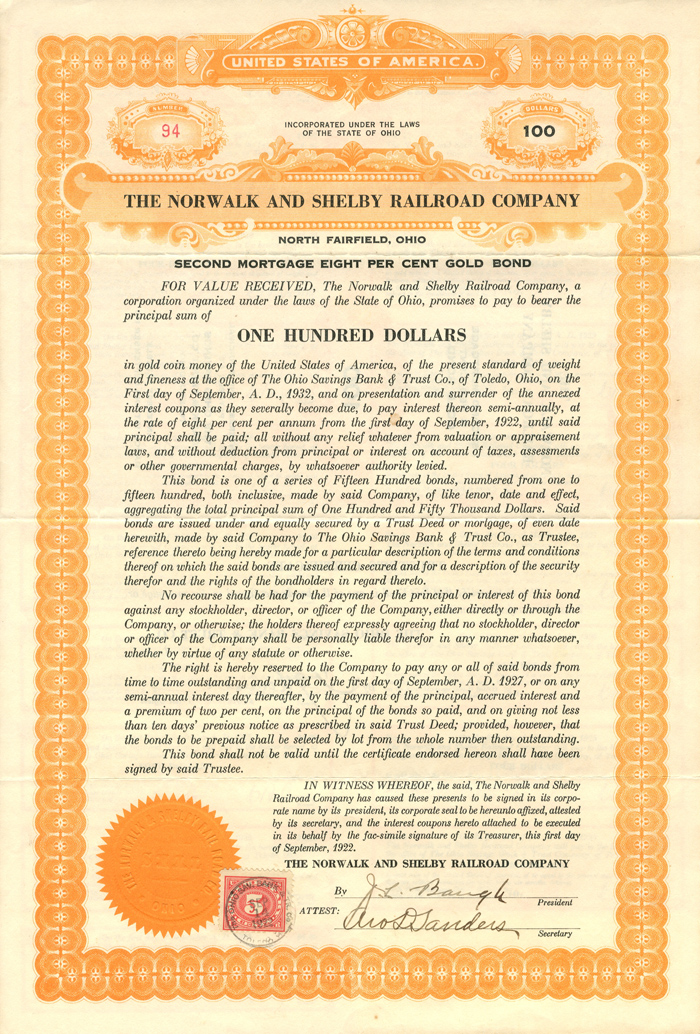 Norwalk and Shelby Railroad Co. $100 Bond